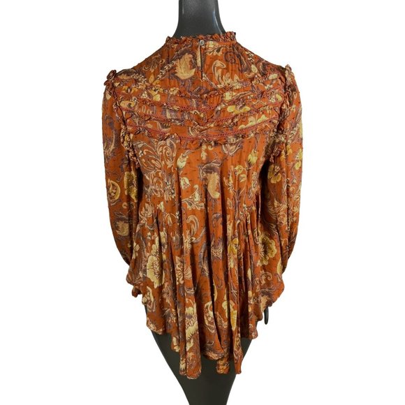 Spell & Gypsy Collective Rust Brown Blouse Top Floral Ruffle Longsleeve Medium - Picture 5 of 7